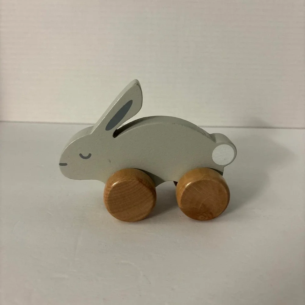 Wooden Bunny Rabbit Push Toy Gray Natural Wood Rolling Nursery Easter Decor